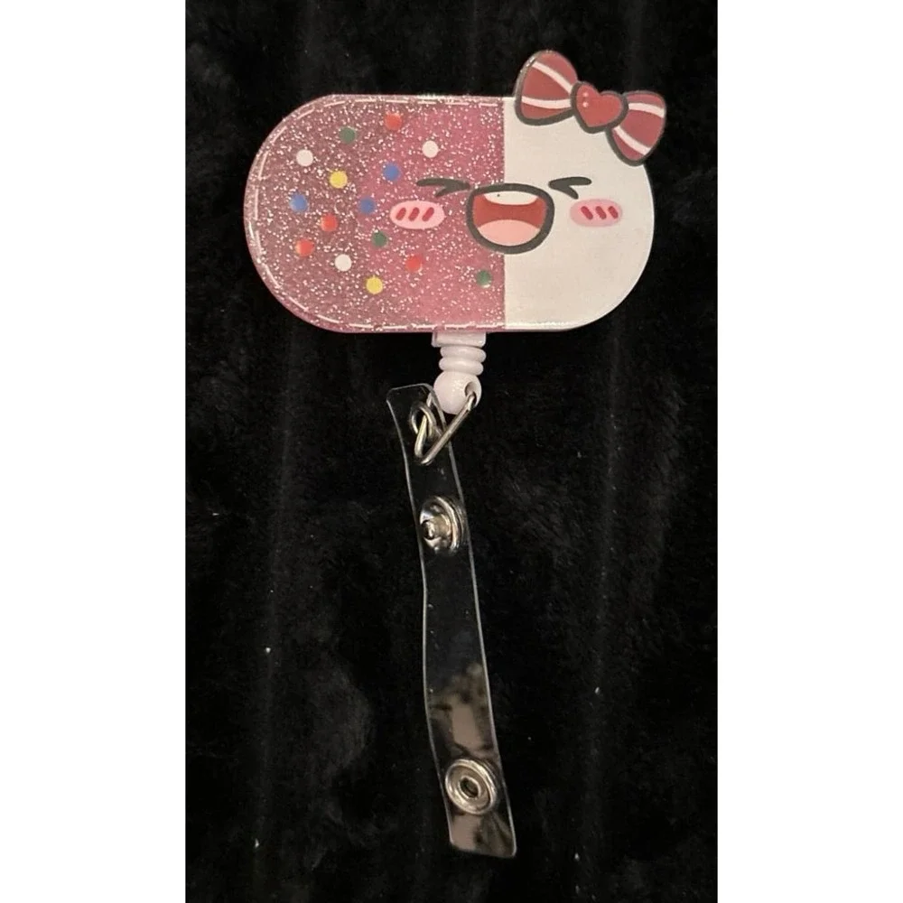 NEW Pink Glitter Cute Medication Pill Capsule Clip‎ On ID Badge Reel